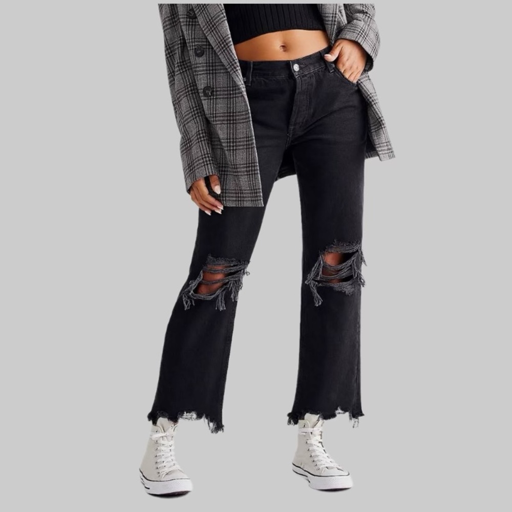 Free People Maggie Mid Rise Straight Ripped Black Jean 27